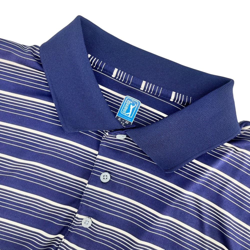 PGA Tour Polo Shirt Mens XL Navy Blue White Striped Performance Golfcore Preppy
